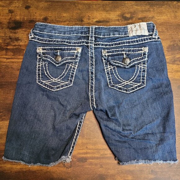 LA Idol Cut Off Denim Shorts Size 11 Low Rise Raw Hem Thick Stitch Button Flaps - Picture 1 of 9